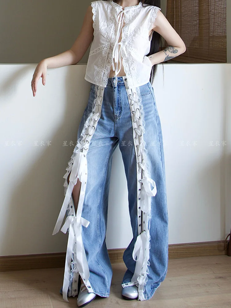 

Blue Womens Jeans High Waist Vintage Straight Baggy Pants Y2K Hip Hop Design Sense Streetwear American Wide Leg Denim Trouser