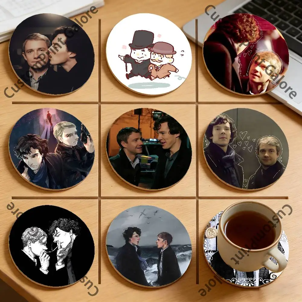 

S-Sherlock Johnlock W-Watson Natural Pine Wood Round Coasters Non-Slip Heat-Resistant Cup Mats for Coffee Drinks