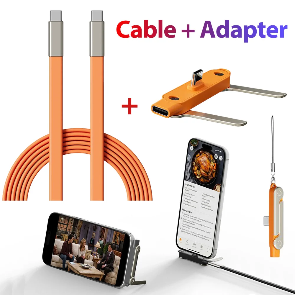 Cable de Carga Rápida PD 2 en 1 de 240W con Soporte Plegable para Teléfono, Adaptador Tipo-C, Cable de Carga USB C de Silicona, Cable de Carga Rápida