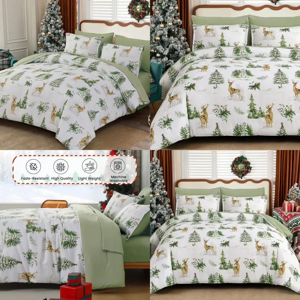 

Queen Size Christmas Duvet Cover Set - 3 Piece, White with Xmas Tree, Reindeer & Poinsettia, Reversible Holiday Bedding