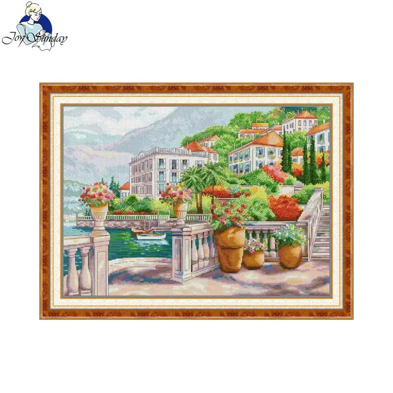 Joy Sunday Cross Stitch Kit Resort Town HD Pattern Aida 16CT 14CT 11CT Counted Printed Canva DIY Embroidery Kit Hand Crafts New