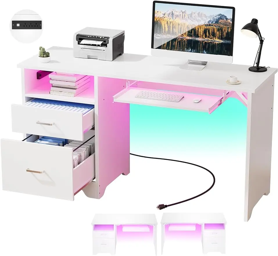 Reversible Computer Desk with File Drawers, 55 Inch Office Desk with RGB LED Light and Power Outlet, Sturdy Writing Des
