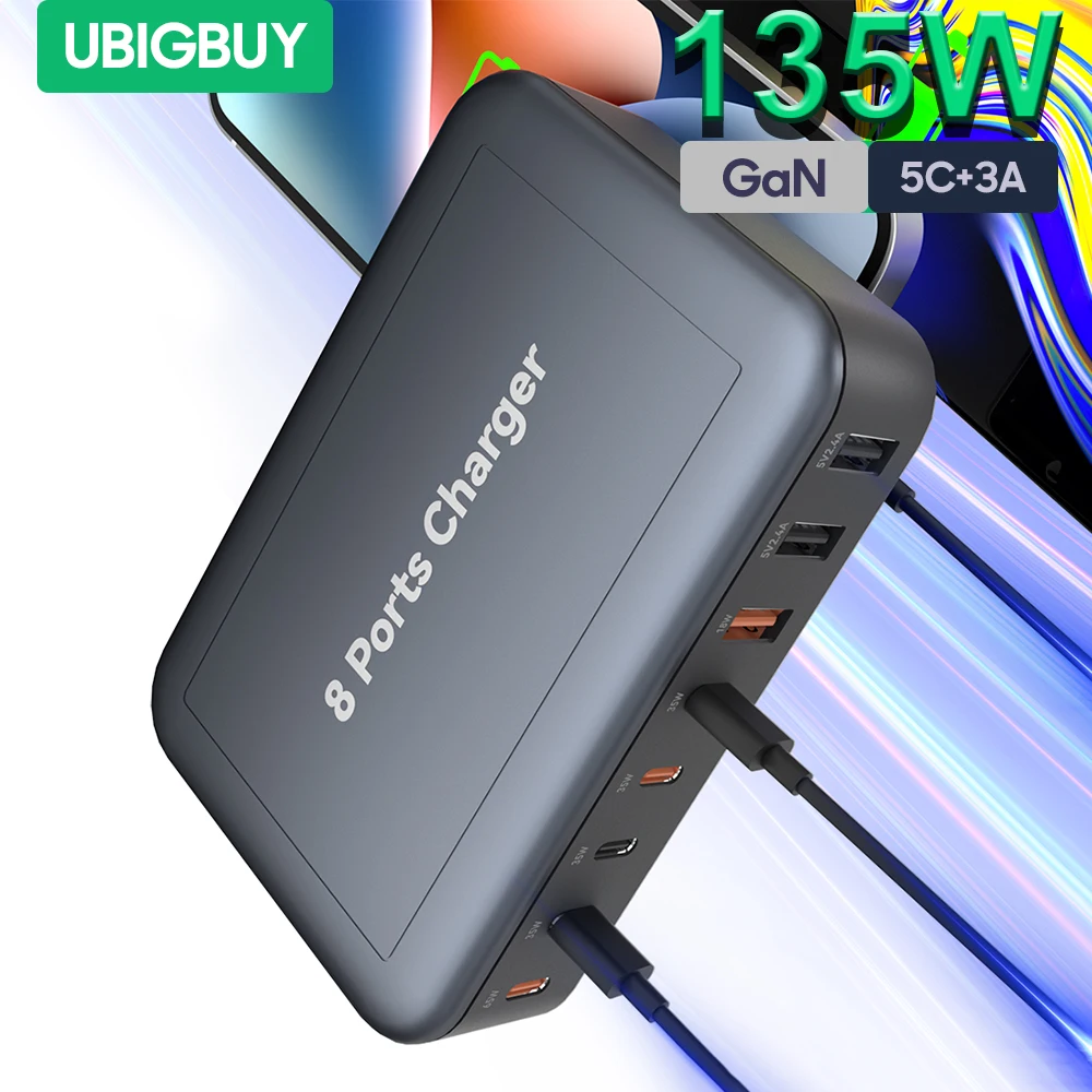 Ubigbuy 135W 65W GaN Charger Desktop Laptop Fast Charger 8 in 1 Adapter for iPhone 14 13 12 Pro Max Phone Charger Xiaomi Samsung