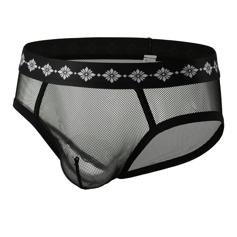 Men Sexy Floral Printed Thin Mesh Solid Low Waist Briefs Bulge Pouch Underwear See Through Mesh Ultrathin  Panties