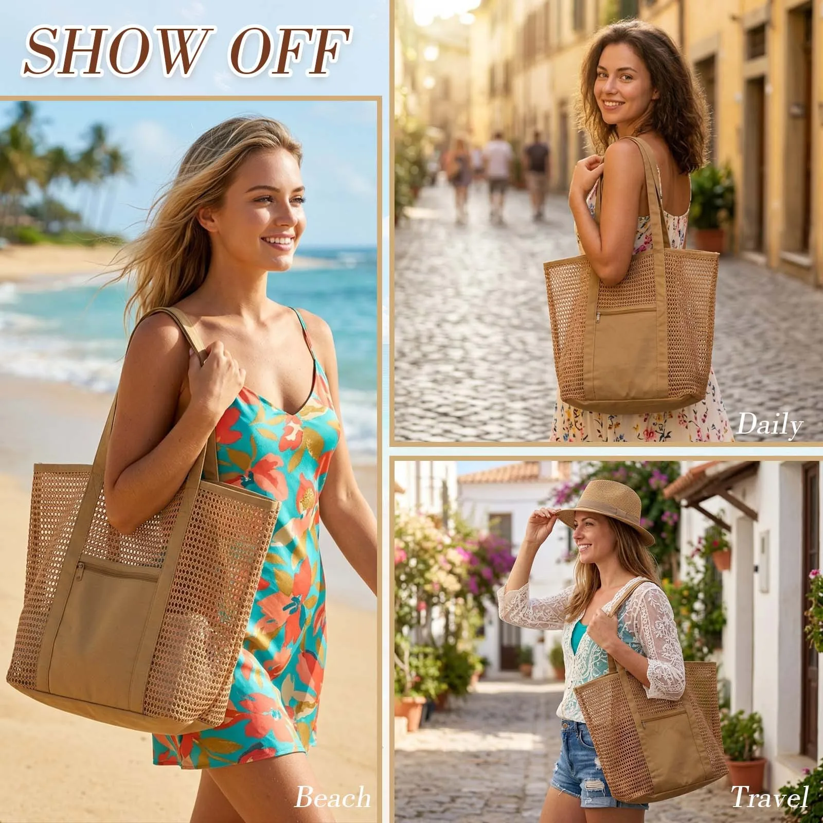 Summer New Folding Mesh Beach Bag Women's One Shoulder Portable Travel Shopping Bag Outdoor Breathable Handbag
