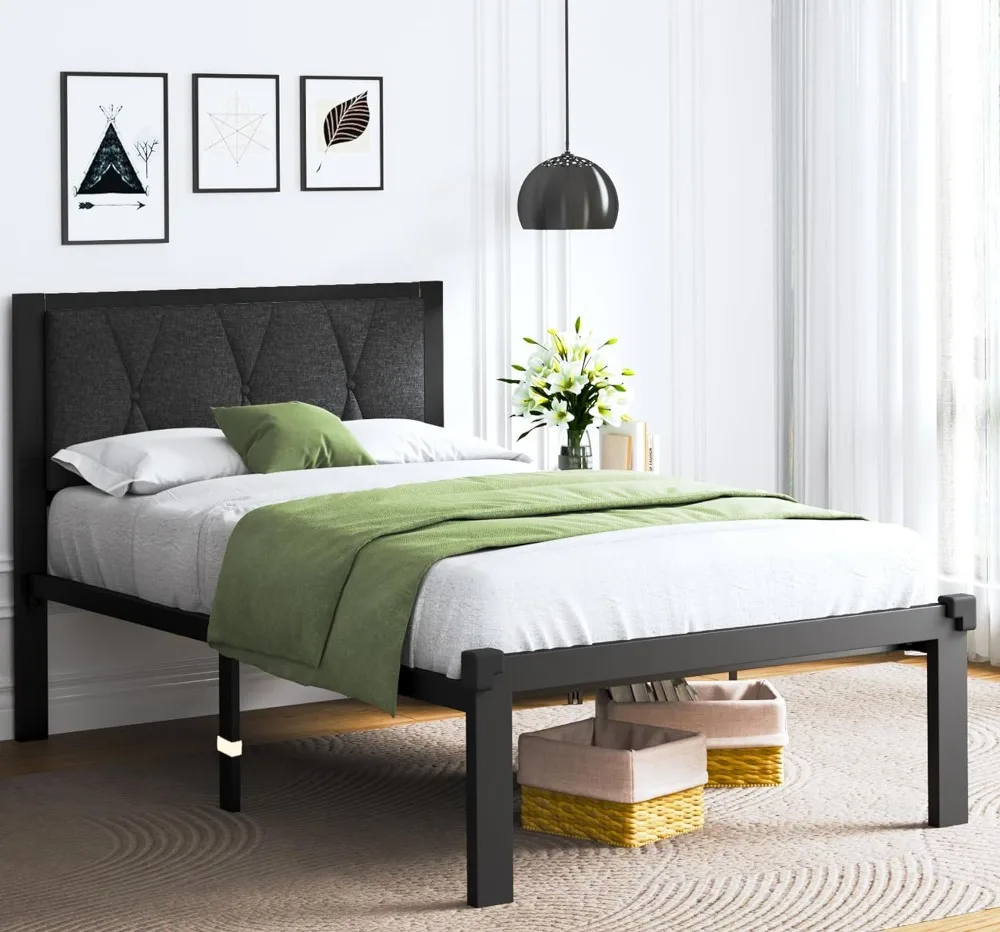 Feonase Twin Size Metal Bed Frame with Fabric Button Tufted Headboard, Platform Bed Frame with Heavy Duty Metal Slats