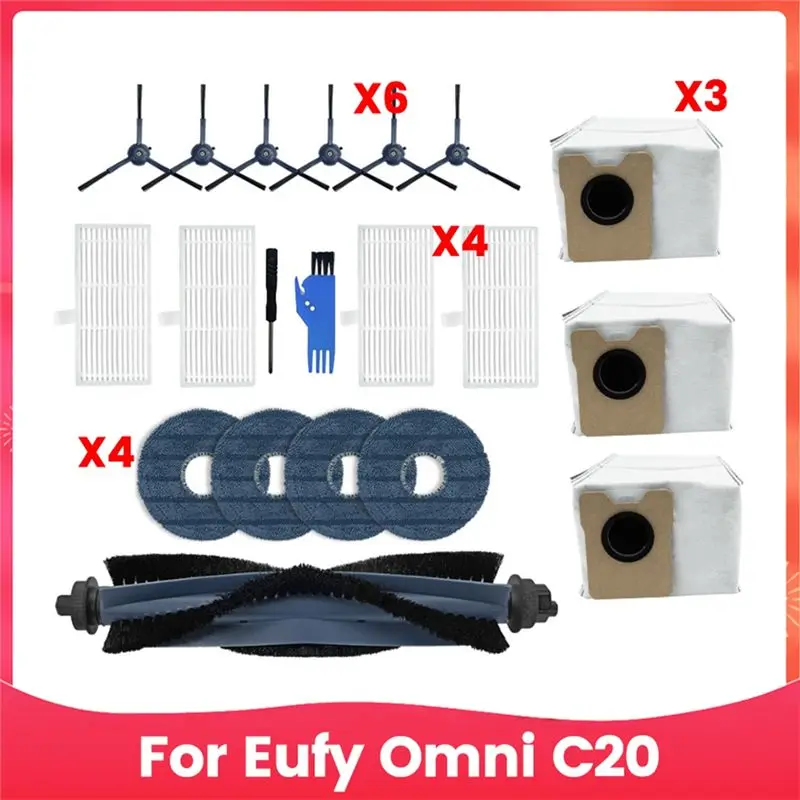 

BAAJ-20PCS For Eufy Omni C20 Vacuum Cleaner Replacement Parts Main Side Brush HEPA Filter Mop Pads Dust Bags Accessories Kits