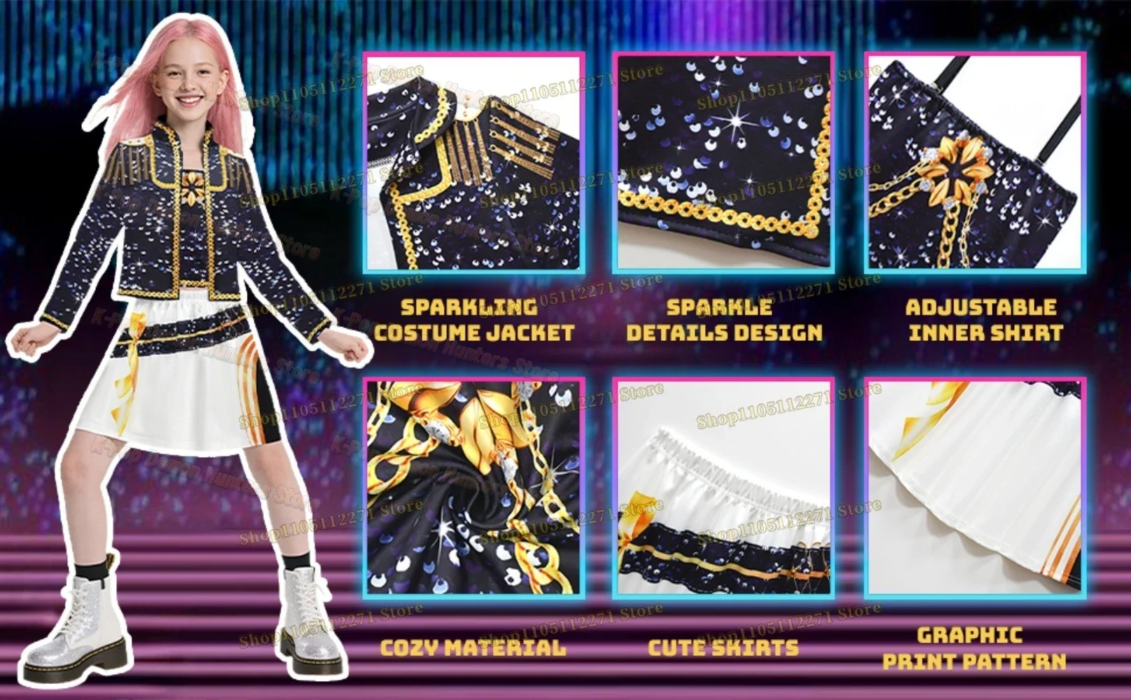 Rumi Zoey Mira Black Gold Shining Girl Stage Performance Demon Cosplay Hunter Costume Halloween Carnival Roleplay Suit