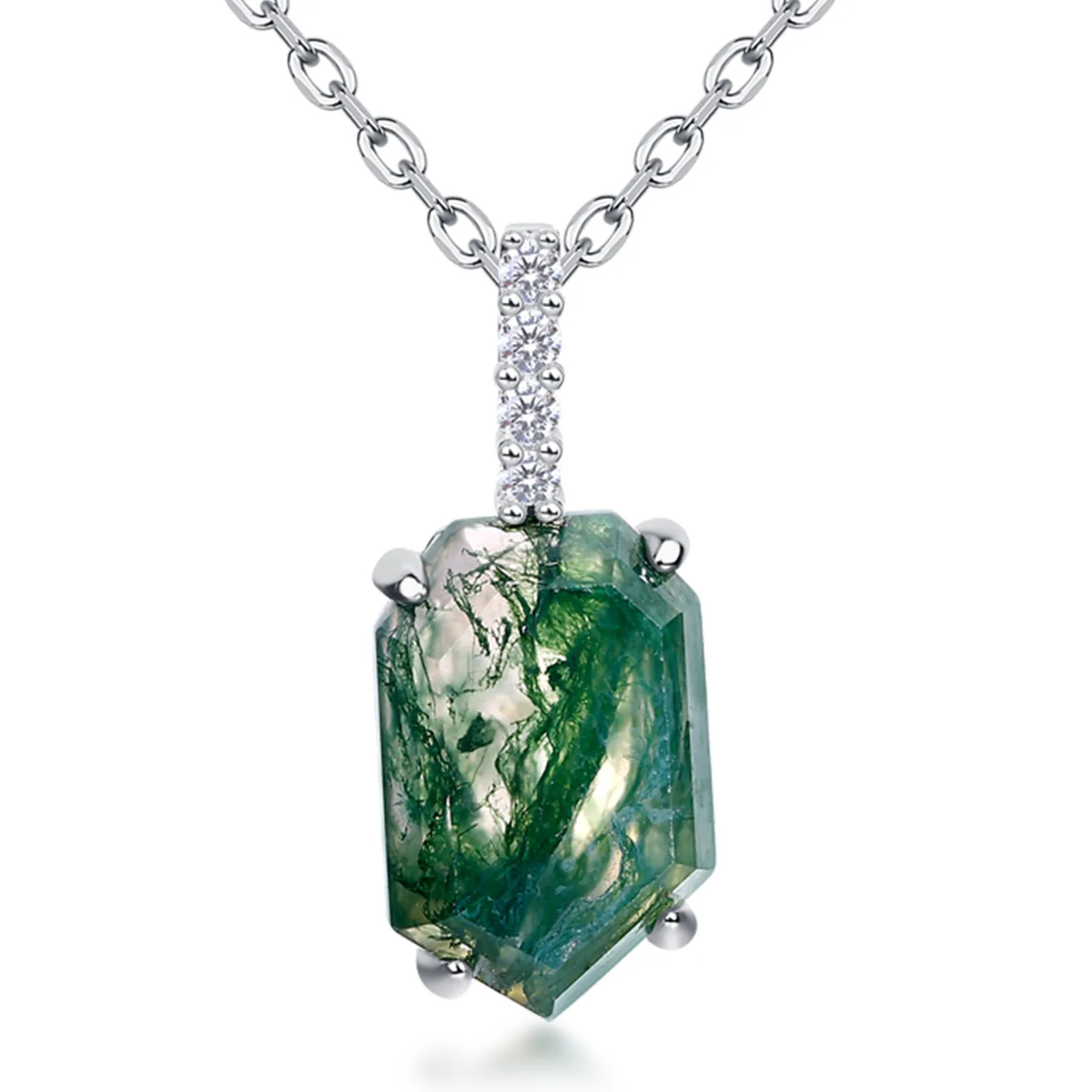 Unique Moss Agate Geometric Pendant Necklace for Women  925 Sterling Silver Natural Gemstone Moss Agate Exquisite Jewelry