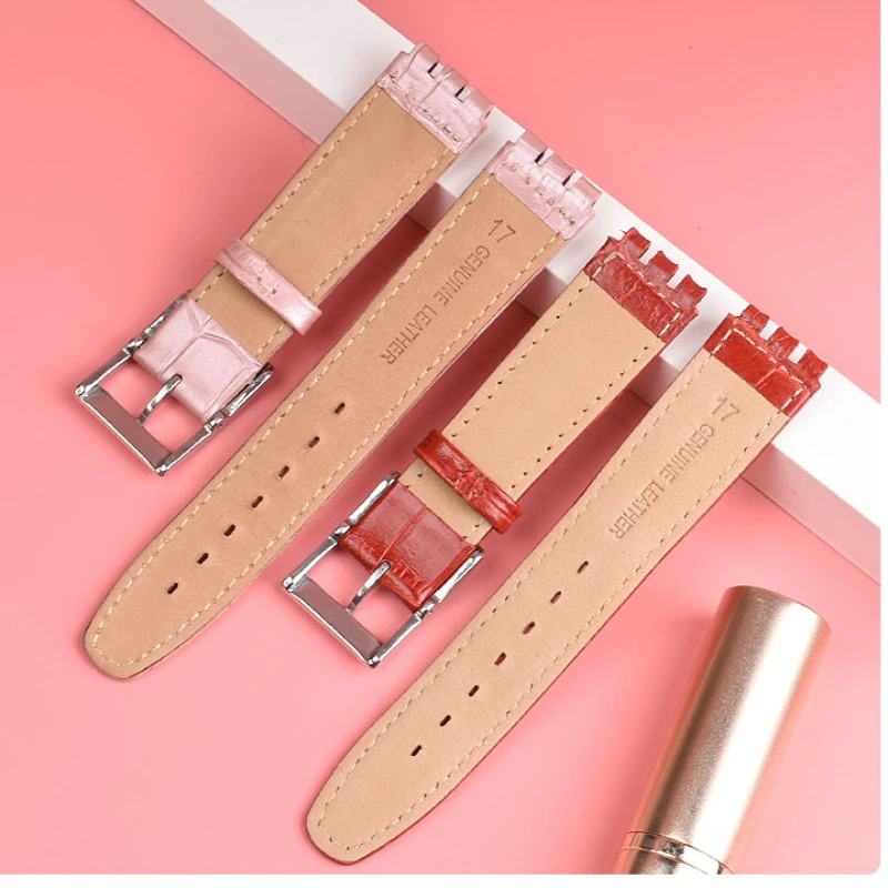 Genuine Leather watch strap For SWATCH Wristband 17 19mm red white pink blue Women Men watchband Stainless Steel buckle bracelet