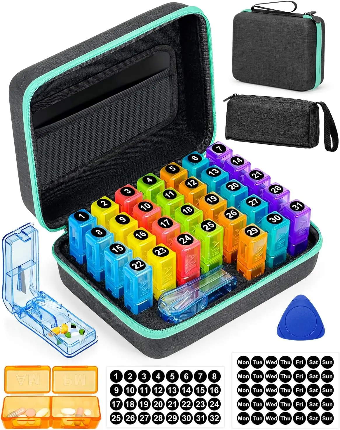 

Monthly Pill Organizer 2 Times a Day, Portable Hard Shell Case with Pill Cutter, 31-Day Box, Stickers, Green