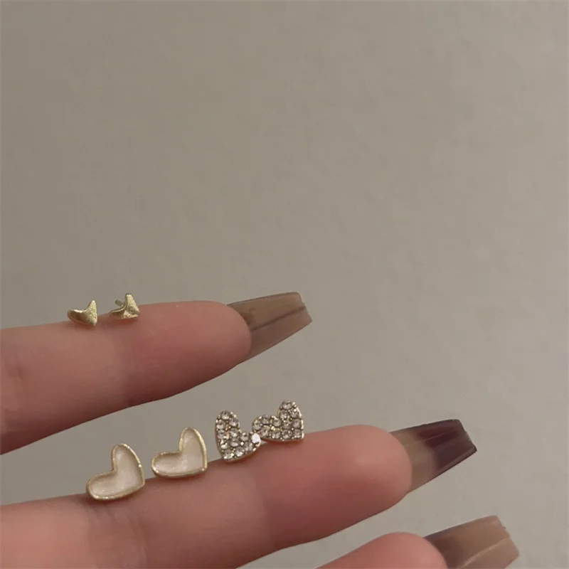 3 Pairs/set Cute Korean Earrings Heart Bling Zircon Shell Versatile Gold Color Earring for Women Fashion Jewelry 2026 New Gifts