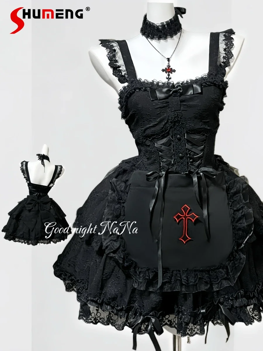 Original Design Lolita Black Suspender Dress Women's High Waist Slim Lace Splicing Bow Lace-Up Dark Gothic Dress Black Shawl