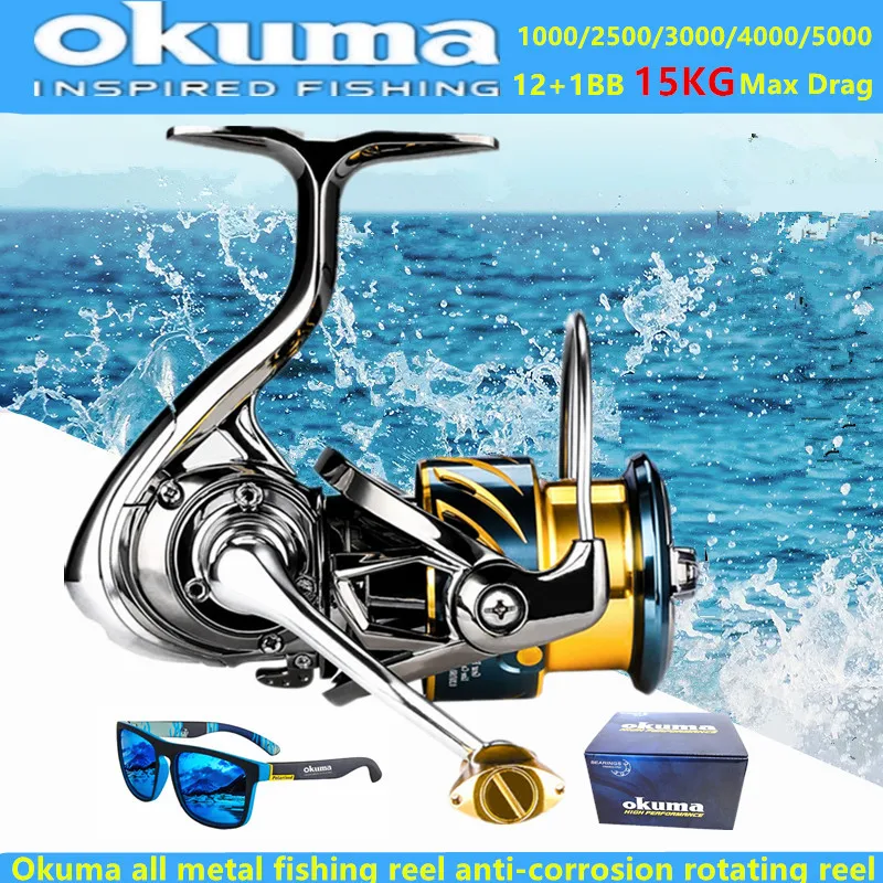 Okuma-carrete de pesca giratorio de metal, 12 + 1BB15KG, arrastre máximo, antiagua de mar, 1000-5000