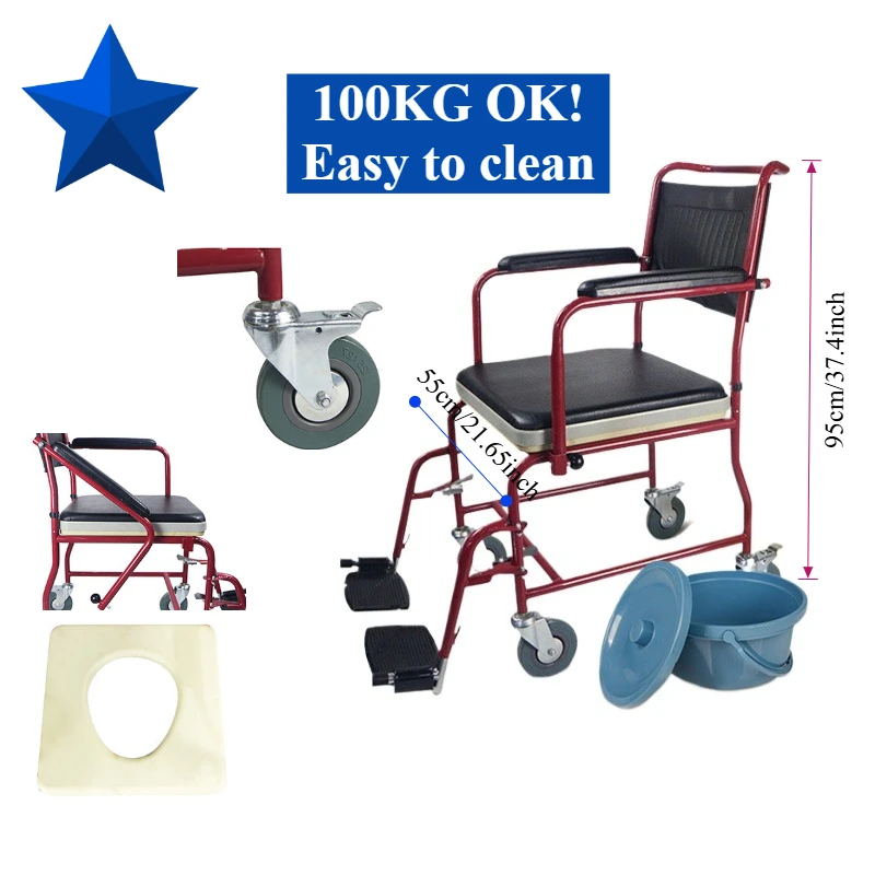 Steel Elderly Pregnant Woman Toilet Chair Removable Pu Armrest and Electroplated Waterproof Mobile Stool with Bucket