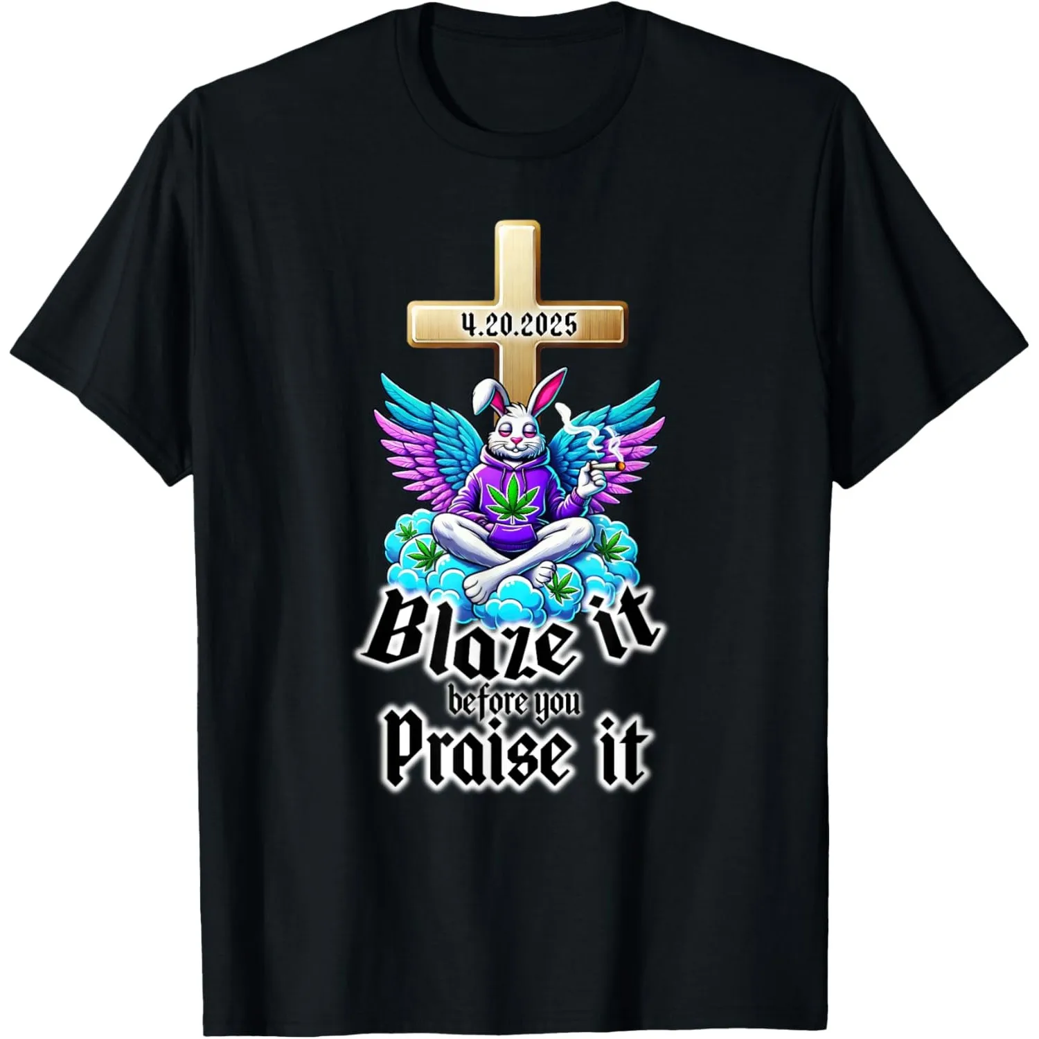 Funny Weed Bunny Angel 420 Graphic Tee Men's Casual Cotton Short Sleeve T-Shirt
