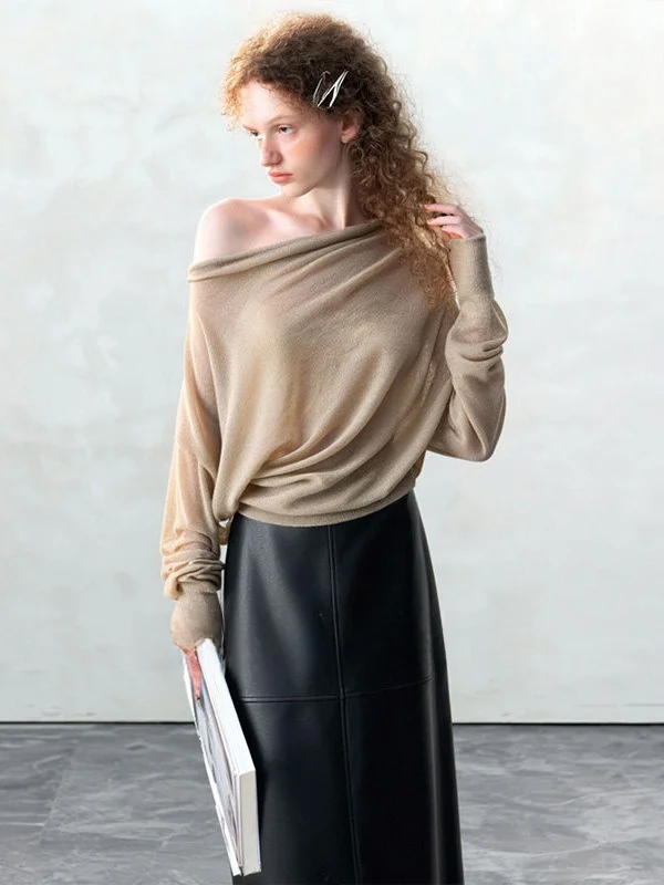 

ZhuoZhi Bamboo Fiber Me Knitwear Casual Sle Long Sve One-oulder Batwing Sve T-irt Breathable Soft Fabric Spring...