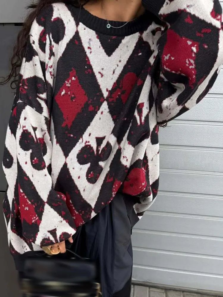 

Женский контрастный свитер с длинными рукавами и круглым вырезом, повседневная свободная уличная одежда, жаккардовый свитер, осень-зима, толстый вязаный пуловер, свитер