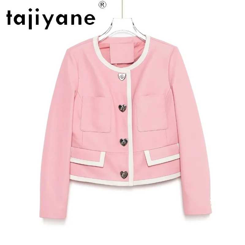 TAJIYANE Genuine Leather Jacket Woman Pink Round Neck Coat Sheepskin Jackets for Woman Clothing Outerwear Preppy Style Jaqueta