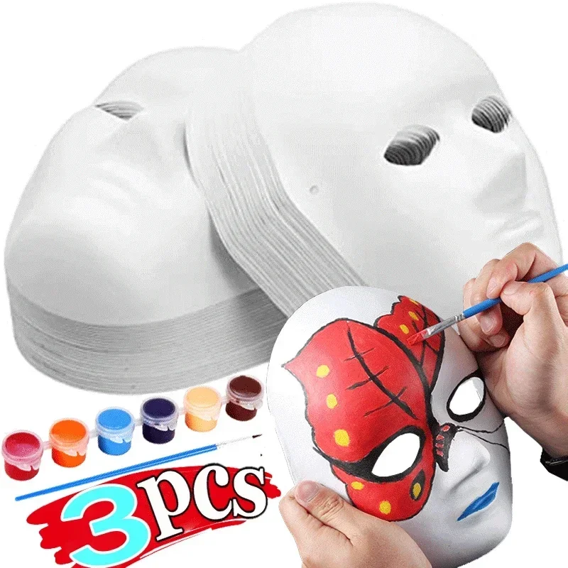 3PCS DIY Full Face White Masks Halloween Costumes DIY Blank Paper Painting Mask Dance Ghost Cosplay Masque Party Mask Men Wmen