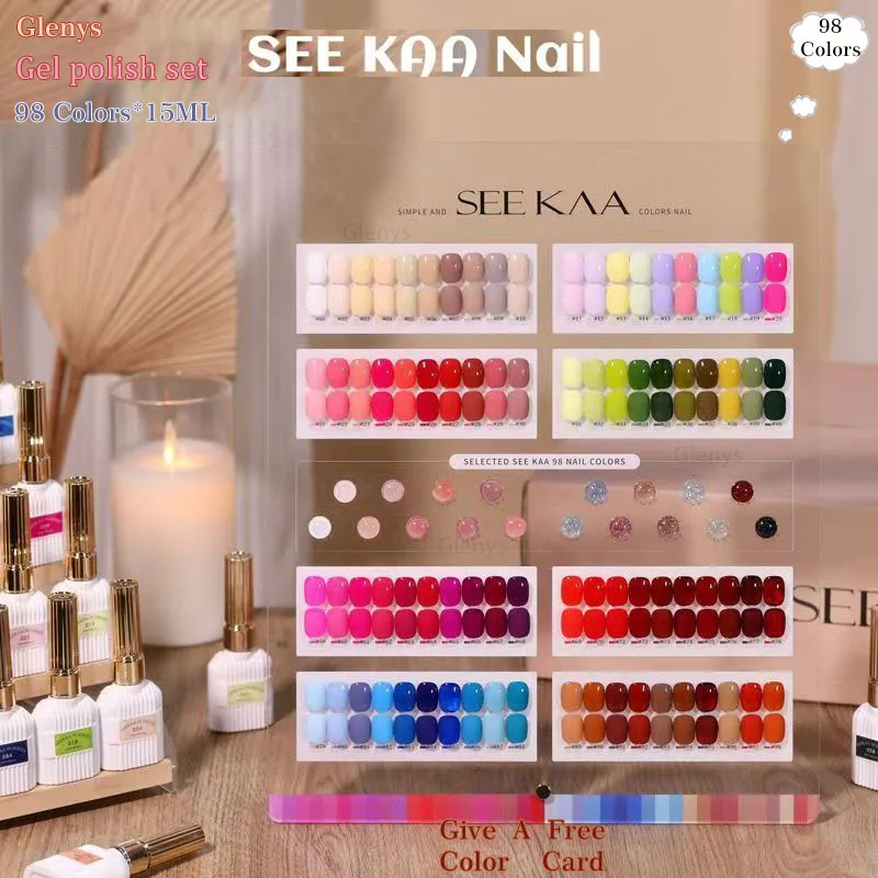 

Glenys 98 Color nail polish Gel All Network Popular Full coverage Varnish with Color Card gel Nail Salon Nail Art Study Set