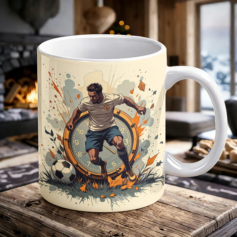 

Time Speed Soccer Striker Coffee Mug, Clock & Football Player Art Ceramic Cup, 11oz Last Minute Goal Sport Fan Daily Drinkware