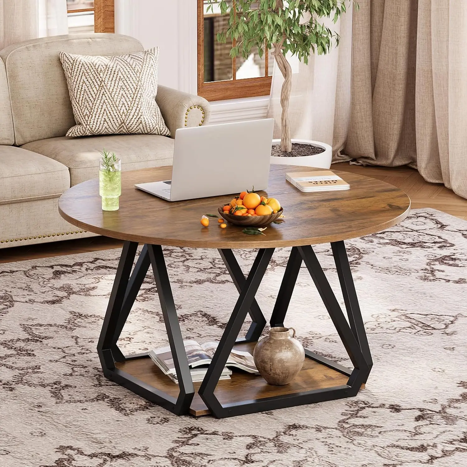 

31.5" Round 2-Tier Coffee Table with Storage Shelf - Modern Rustic Wood Circle Center Table for Living Room Apartment,