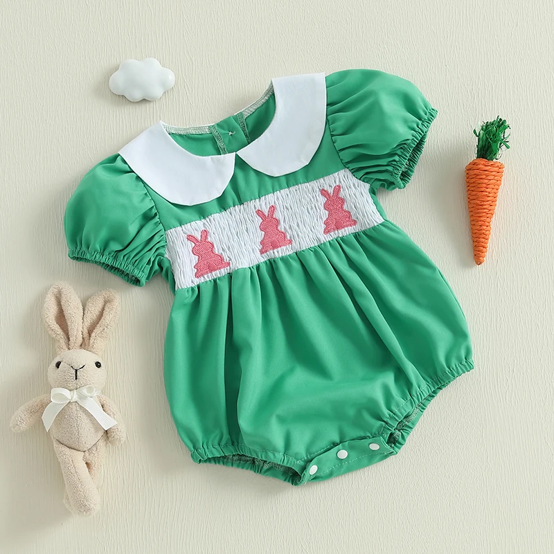 Toddler Easter Bunny Embroidered Romper with Ruffle Sleeves and Peter Pan Collar for Baby Girls Casual Wear