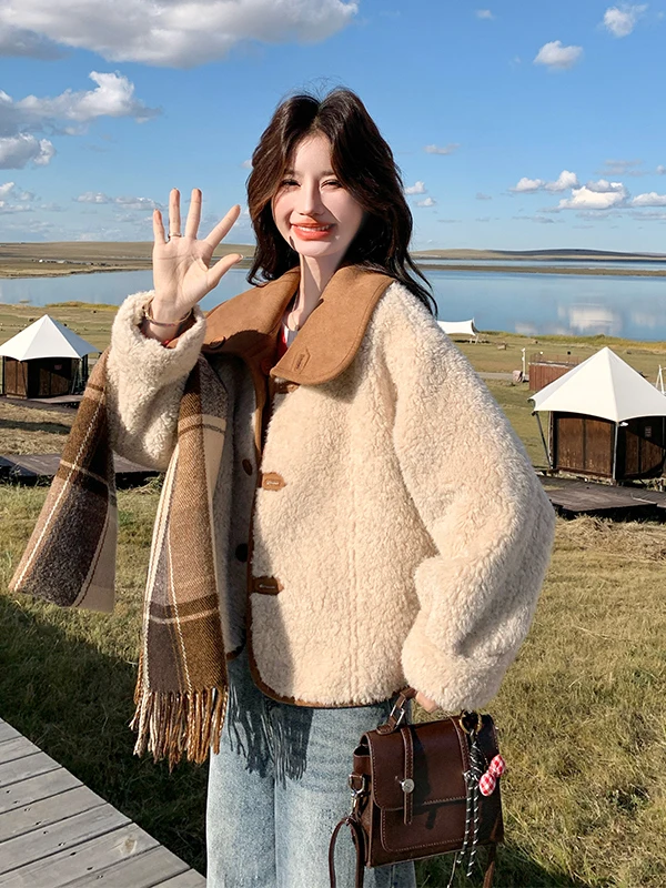 Lamb Fur ort Coat Women's Double-Sided Wear Leather And Fur Inteated Warm Top Casual Loose Fit Long Sve Button Closure