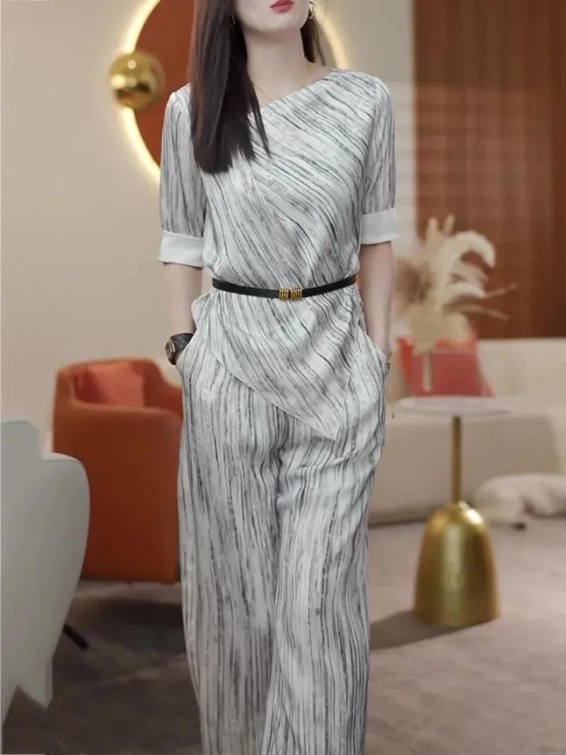 

New Elegant Summer Women's Suit Fashion Design Contrast Color Irregular Collar Half Sleeve Top + Wide Leg Pants 2 Piece Set