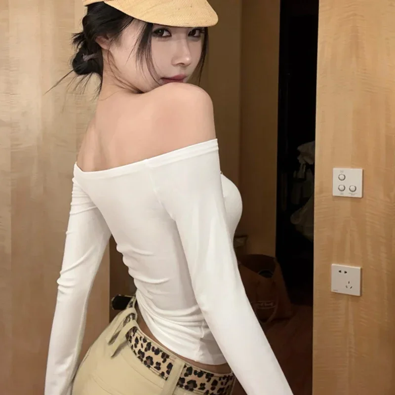 中空オフショルダー長袖Tシャツ レディース 春秋 セクシー タイト ショート丈トップス