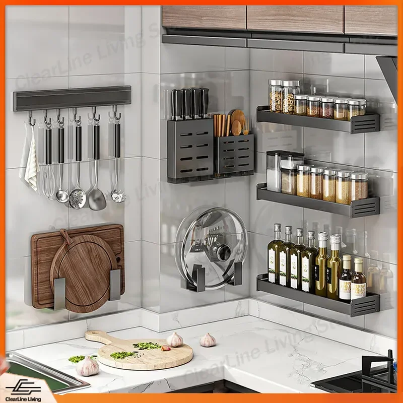 Kitchen Storage Rack Wall Mounted No Drilling Multi Functional Shelf for Chopsticks Spoons Utensils Hanging Organizer Rust