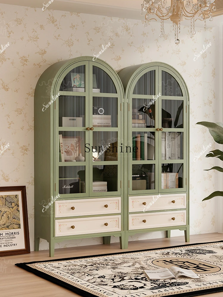 Retro American painted arched dust-proof glass door high cabinet combination floor-to-ceiling household green figure solid wood