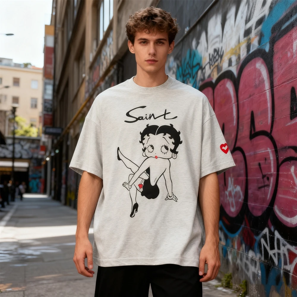 

KUCLUT Fashion Niche Luxury Brand Streetwear Cartoon Graphics Printed Tee Oversized Loose Tops 100%Cotton Vintage T Shirt Men