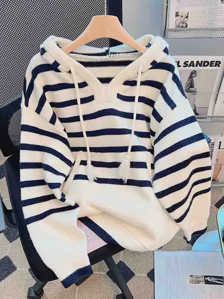 Women Sweater 2022 Fashion Stripe Loose Hooded Knitting Sweaters Vintage Long Sleeve Female Pullover Tops