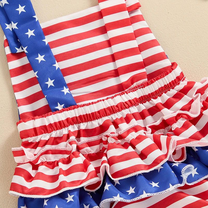 

Newborn Girl Outfit Stripes Stars Print Overalls Romper with Hairband 4th of July Clothing