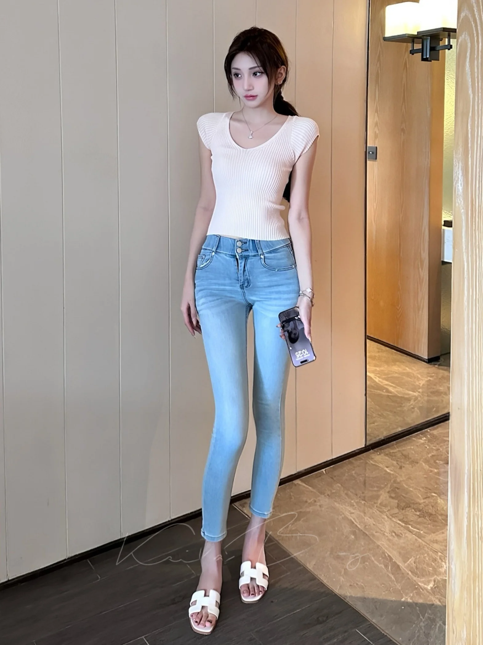 

Джинсы женские синие с высокой талией, прямые, расклешенные, повседневные, эластичные, из хлопкового денима, утягивающие, универсальные, молодежные