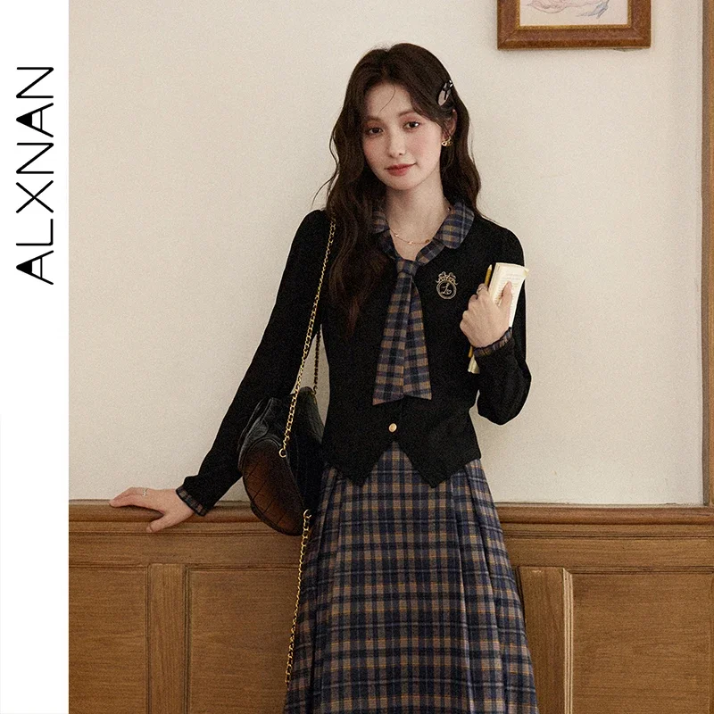 ALXNAN Women's T-shirt Long Sleeve Contrast Color Plaid Patchwork Tie-front Ruffle Cuff Vintage Casual Female Clothing L56906