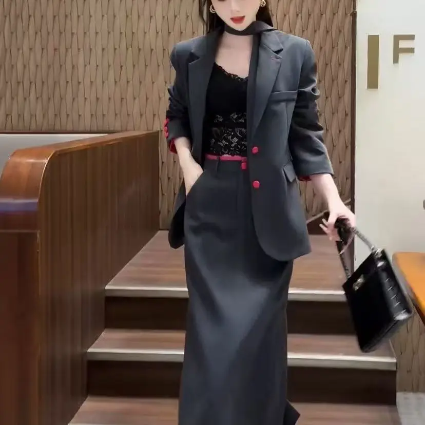 Элегантный и модный женский костюм на весну и осень, новый стиль, пиджак с высокой талией, полуюбка, комплект из двух предметов