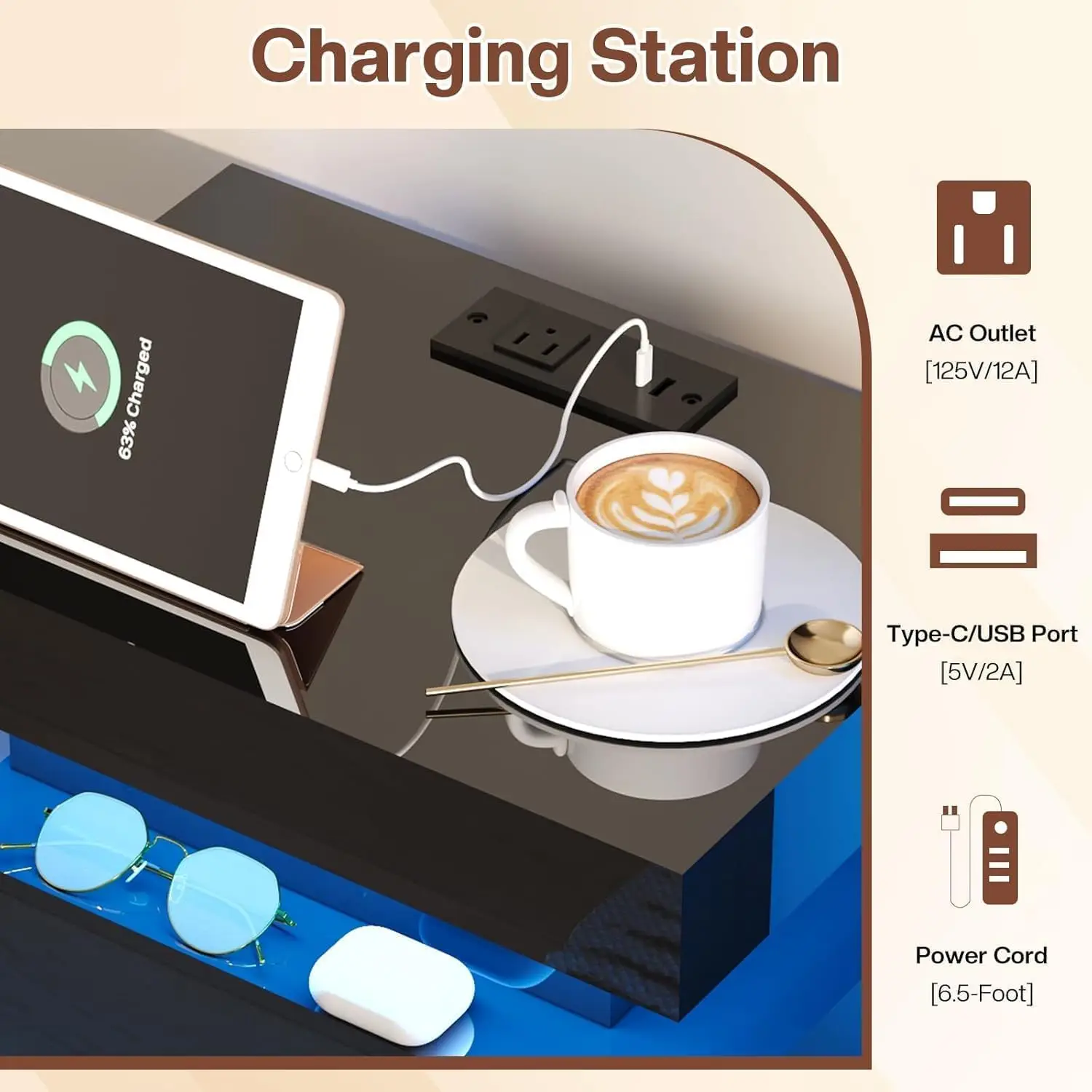 Conjunto de mesa de sala de estar de 3 peças, conjunto de mesa de centro moderno de alto brilho com luz LED e espaço de armazenamento, 2 mesas laterais, preto