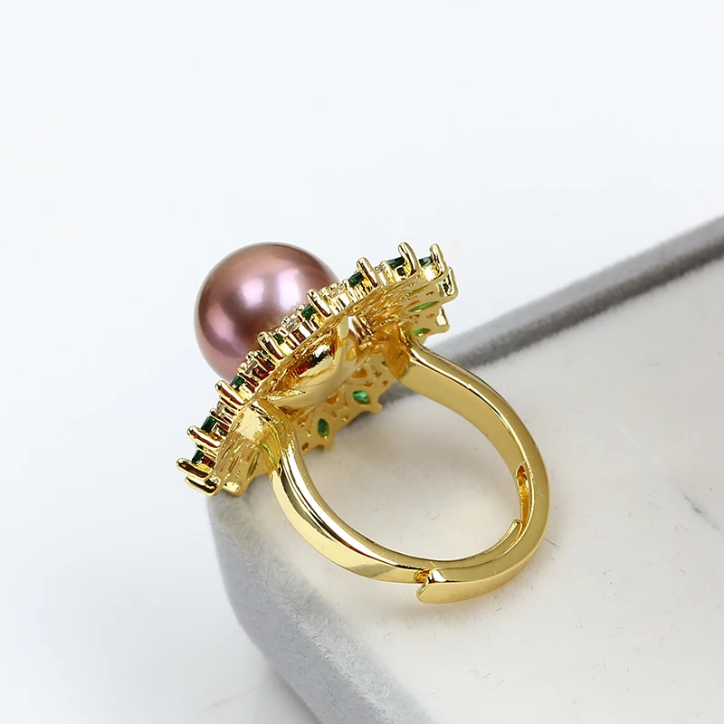 

JZ006 Copper Gold Plated Round Color Full Of Zirconium Adjustable Pearl Ring Blank Empty Setting DIY Jewelry Findings