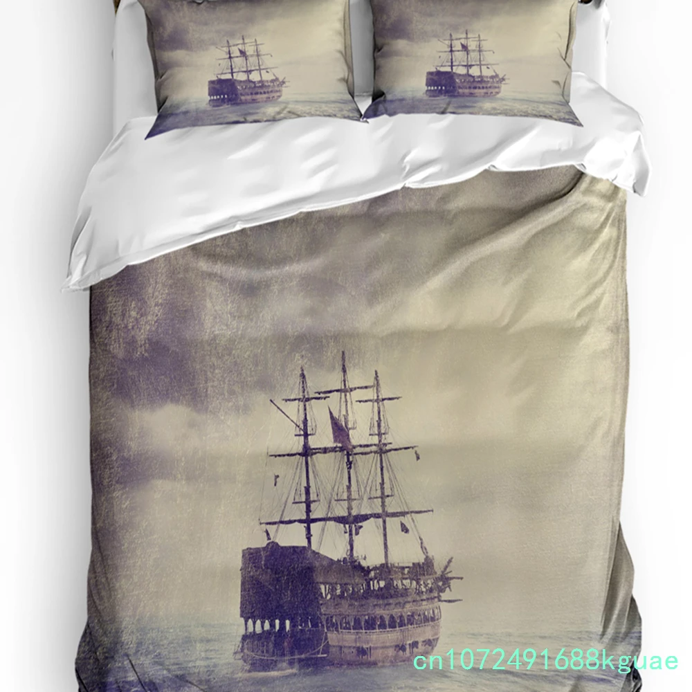 Juego de cama de 3 piezas estilo náutico vintage, galión español, para dormitorio, cama doble, textil para el hogar, funda de edredón, funda de colcha, funda de almohada