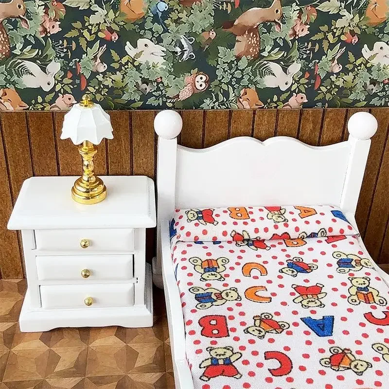 Juego de mesita de noche de cama individual de madera en miniatura para casa de muñecas 1:12, modelo de casa de muñecas, decoración de escena de dormitorio, adornos, juguetes para juego de imitación DIY