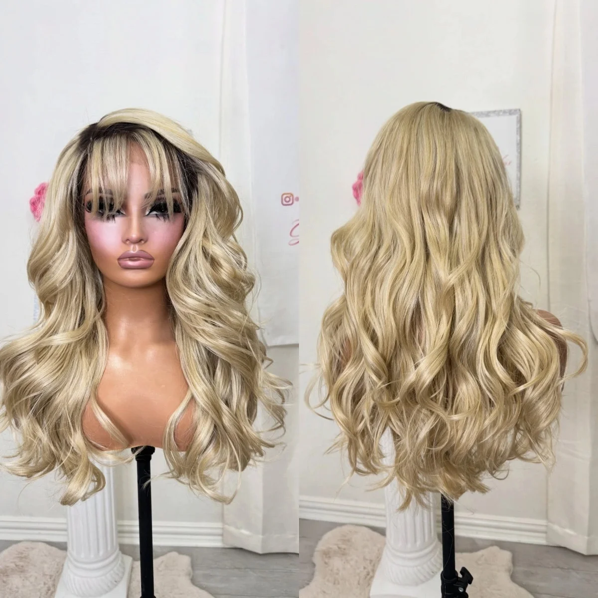 

Curtain Bangs 24 Inches Ombre Light Blonde HD Transparent Lace Wigs Long Body Wave High Quality Heat Resistant Fiber Daily Wigs