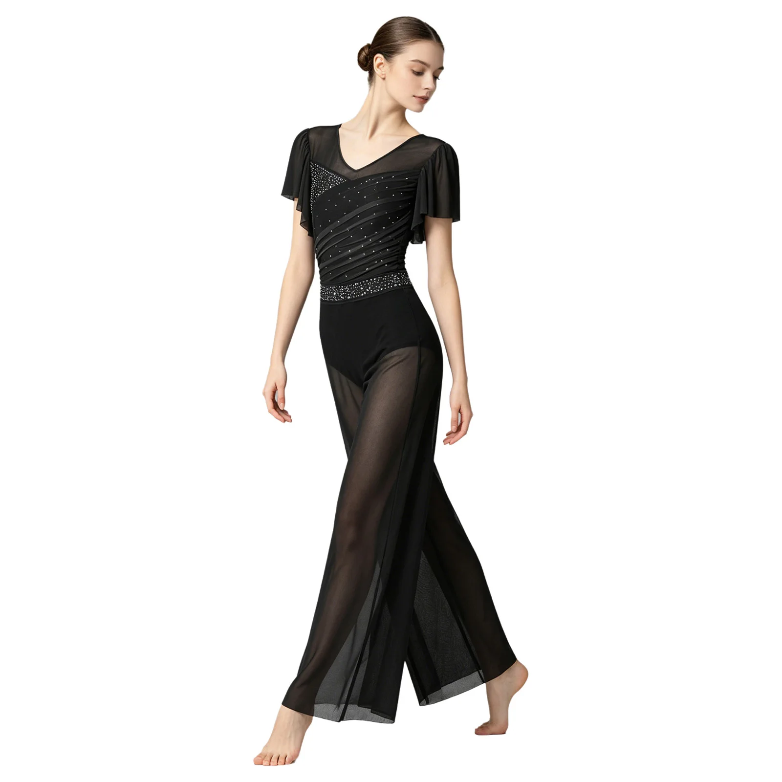 Womens Ballet Lyrical Dance Leotard Costume Pants Suit Ruffled Backless Sparkly Bodysuit with Split Wide Leg Pants Dancewear