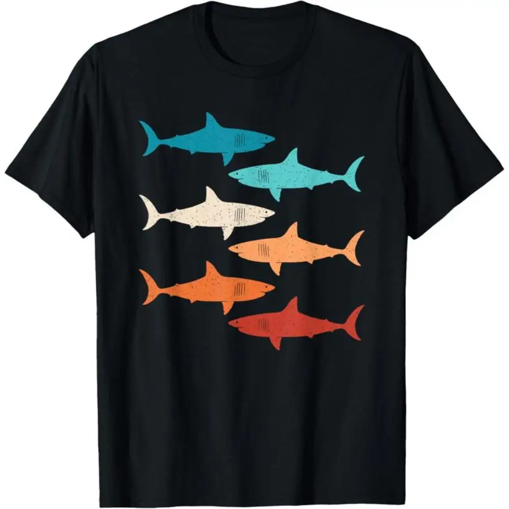 

Vintage Shark T-shirt Men Women Retro Colored Shark Graphic Tee Funny Ocean Lover Marine Life Print Casual Cotton Tops