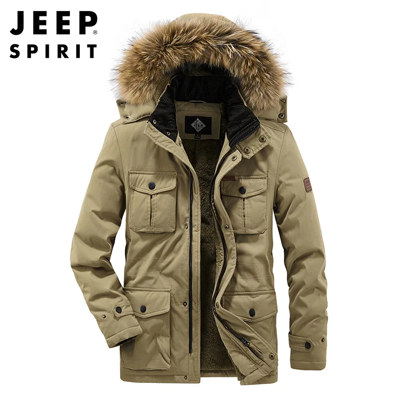 JEEP SPIRIT warm cotton coat men autumn winter coat thickened velvet windproof  cold-proof big fur collar high-quality clothes