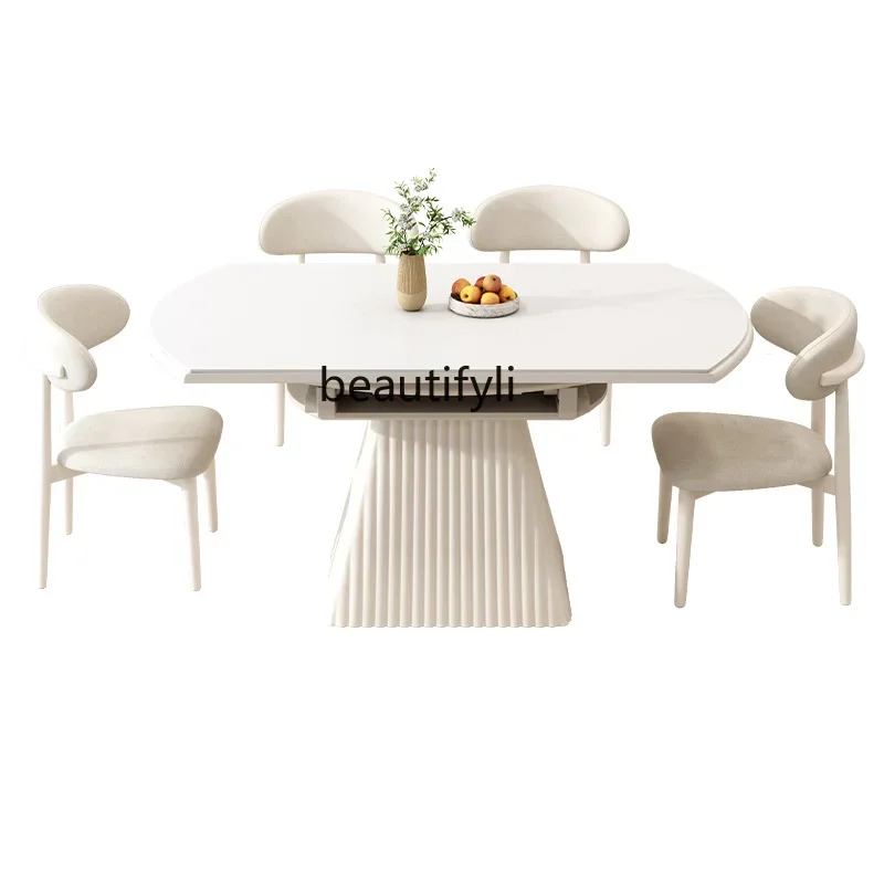 

Slate household small apartment retractable round dining table square and round dual-purpose dining table French cream style