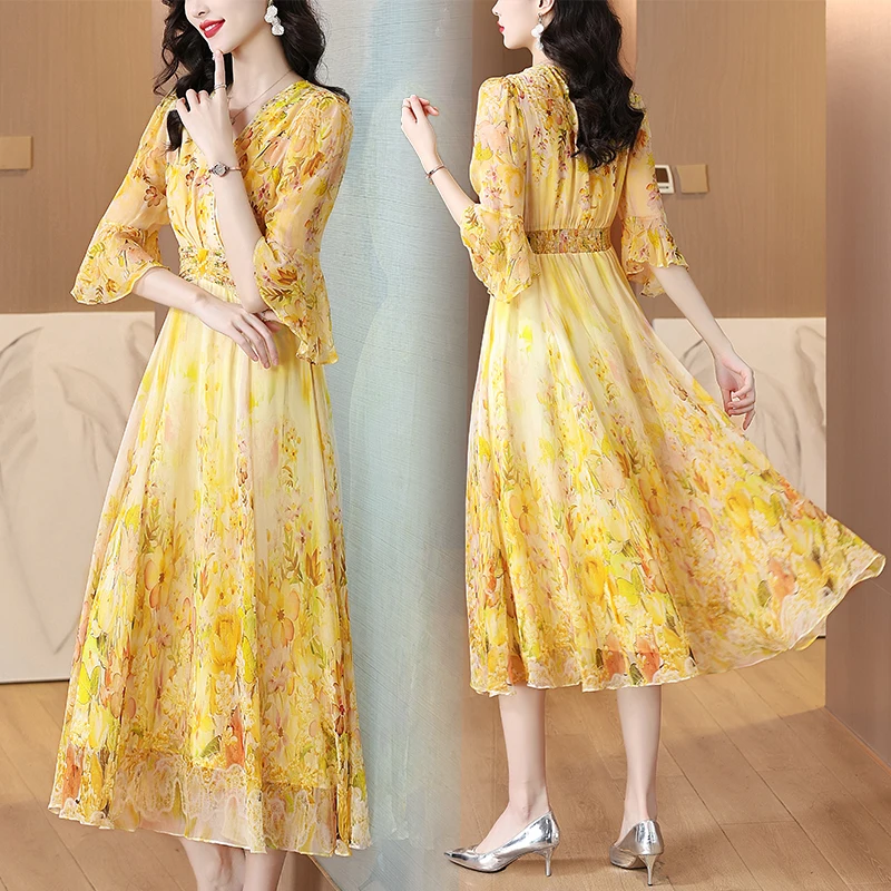 Summer Luxury Vacation Fashion Elegant Maxi Dress New Dance Party Yellow Dress 2024 Women Boho Beach Floral Silk Casual Vestidos