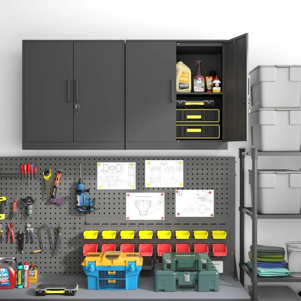 خزانة تخزين آمنة ذات بابين مثبتة على الحائط مع مقبض لاستخدام المرآب